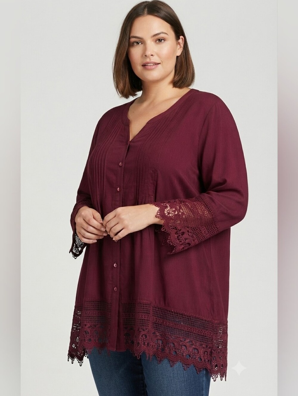 Plus Size Lace-Hem Button Front Tunic Top - Wine 2x NWt.